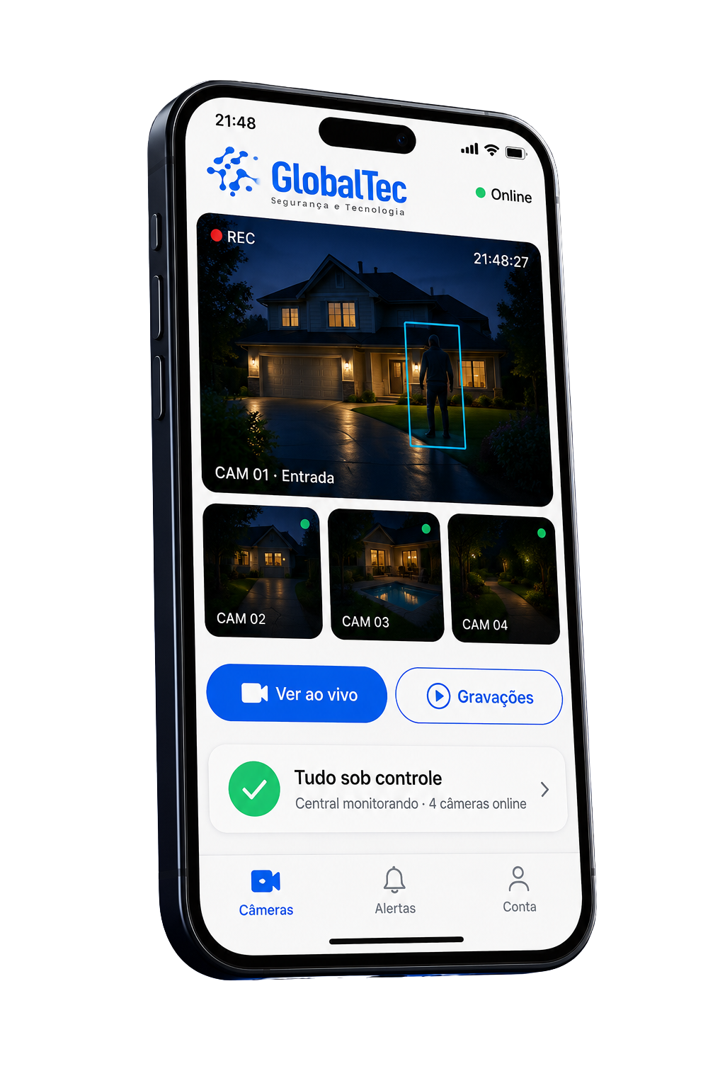 Aplicativo GlobalTec no celular com câmeras ao vivo, gravações e status Tudo sob controle