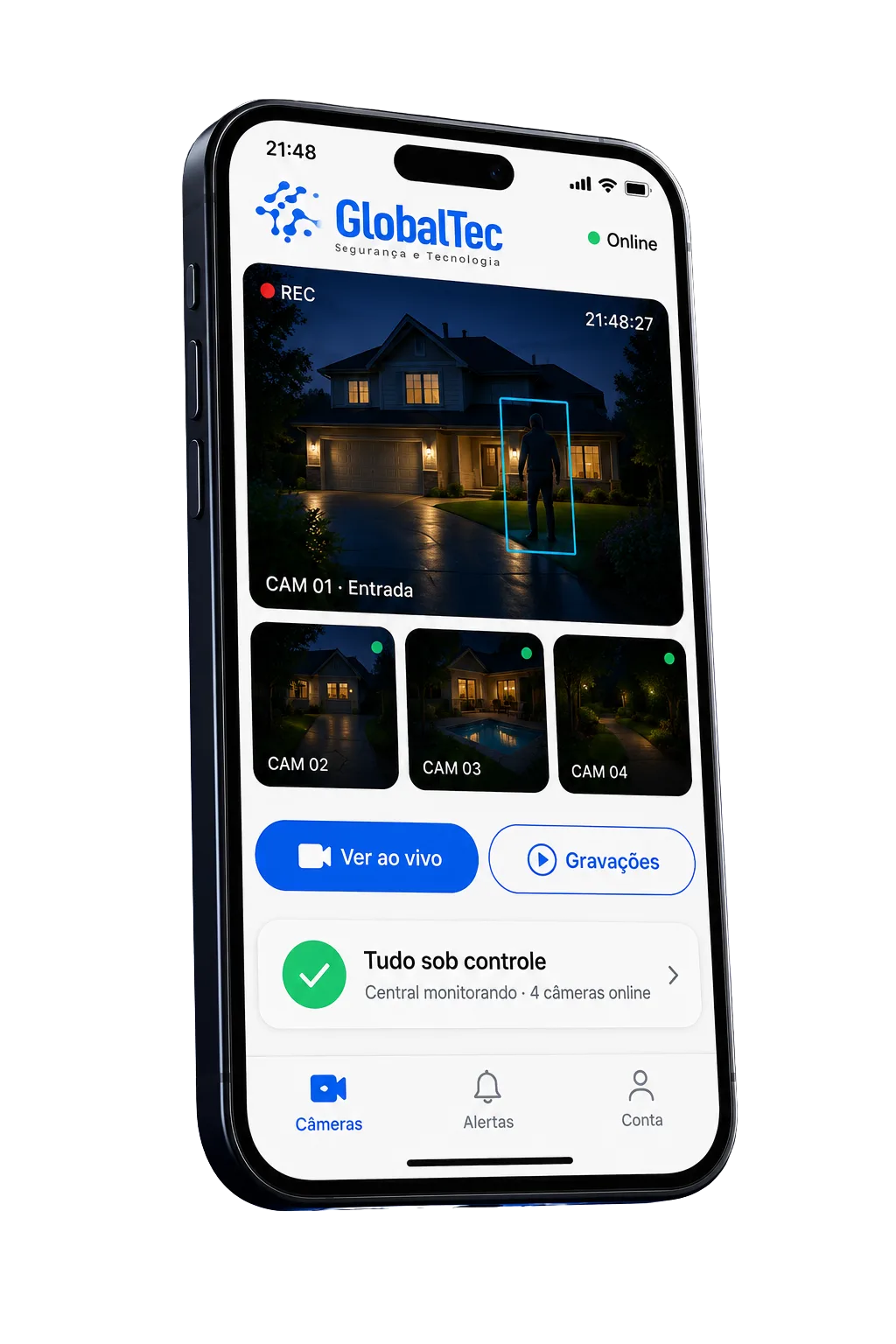 Aplicativo GlobalTec no celular com câmeras ao vivo, gravações e status Tudo sob controle